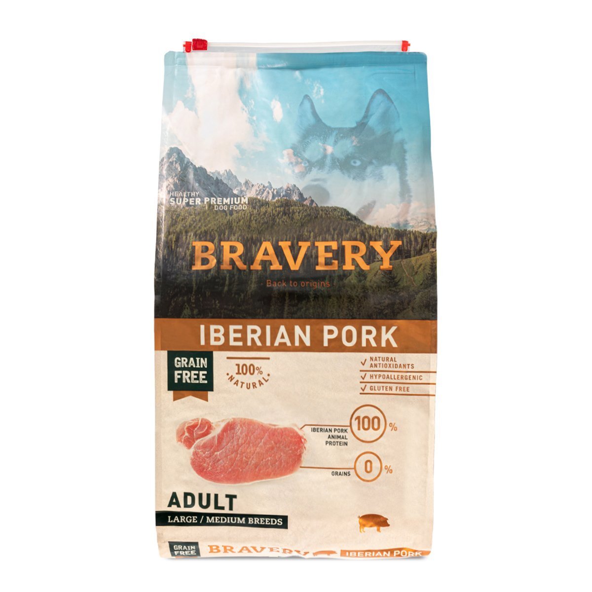 Bravery Alimento Seco Natural Libre de Granos para Perro Adulto Raza Mediana/Grande Receta Cerdo Ibérico, 12 kg