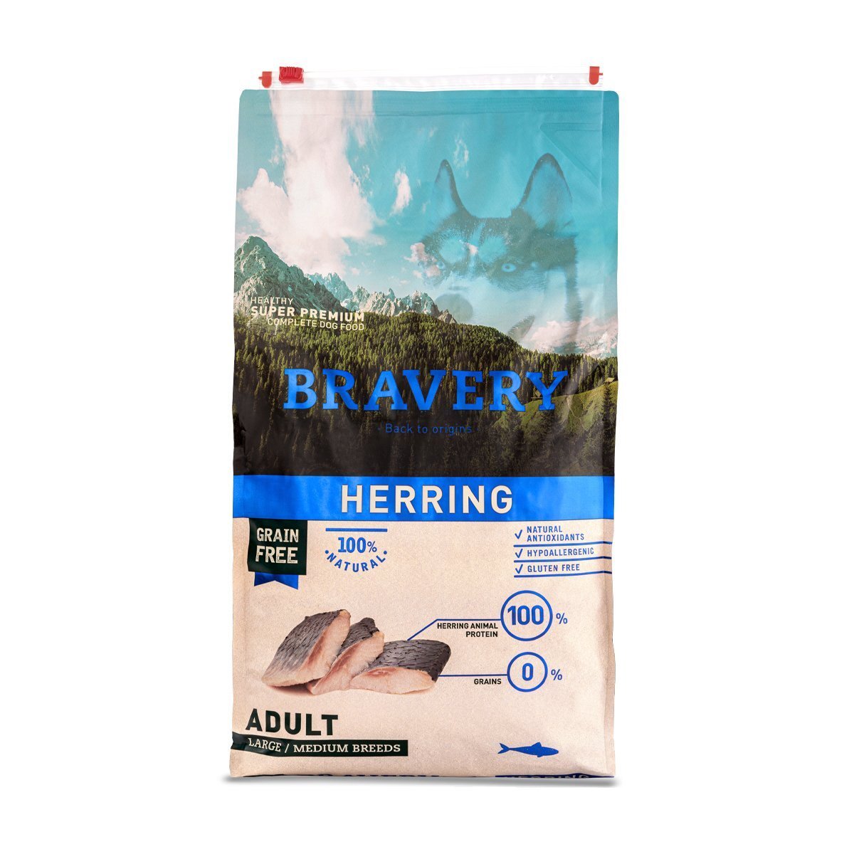 Bravery Alimento Natural Libre de Granos para Perro Adulto Raza Mediana/ Grande Receta Arenque, 12 kg
