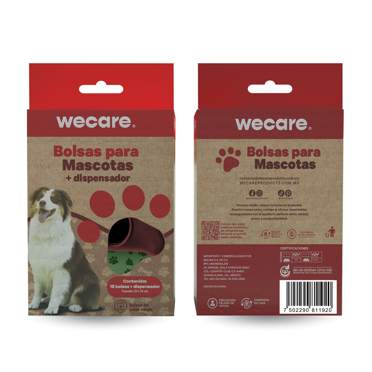 Wecare Kit de Dispensador y Rollo de Bolsas para Desechos de Perro, Rojo