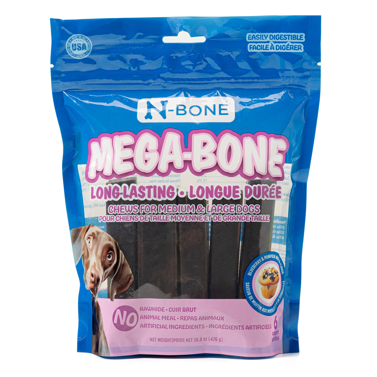 N-Bone Mega-Bone Premios Masticables Sabor Muffin de Arándanos y Calabaza para Perro, 6 Piezas