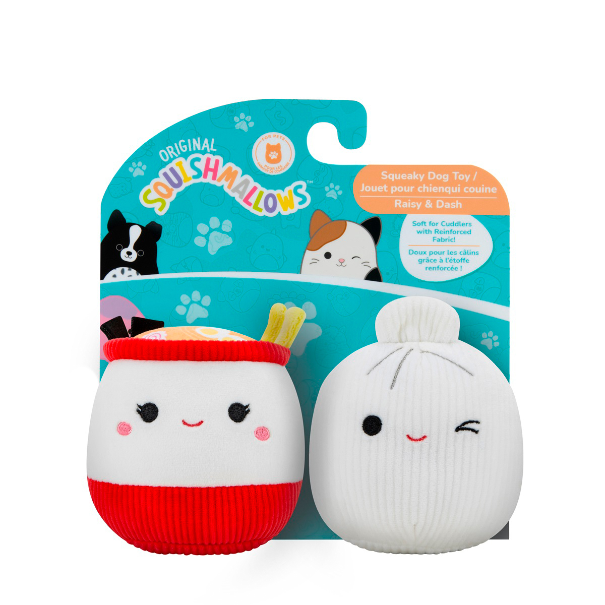 Squishmallows Pets Raisy & Dash Set de Peluches Diseño Ramen y Dumpling para Perro, Chico