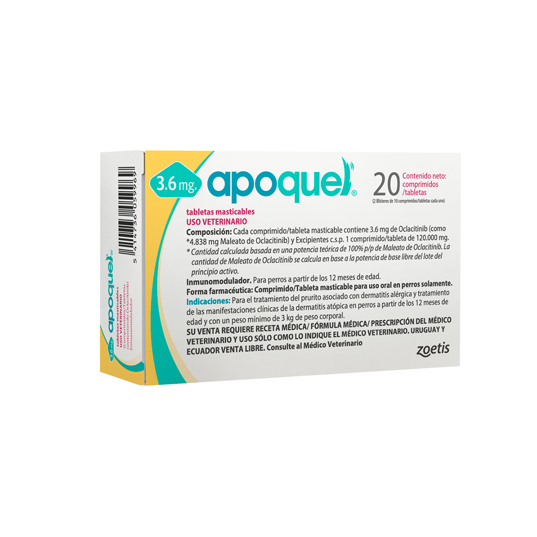 Apoquel Tabletas Masticables Antripruríticas de 3.6 mg para Perro Adulto Raza Pequeña, 20 Tabletas