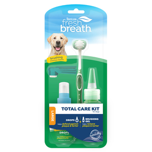 Tropiclean Total Care Kit de Tratamiento Dental Gel + Gotas y Cepillo para Perro Adulto Raza Mediana/Grande, 3 Piezas