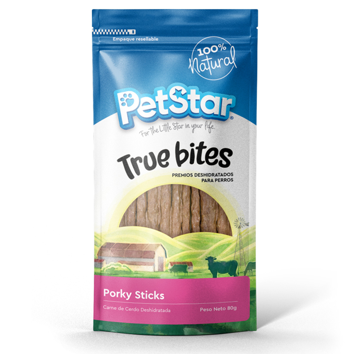 PetStar True Bites Premios Deshidratados Palitos de Cerdo para Perro, 80 g