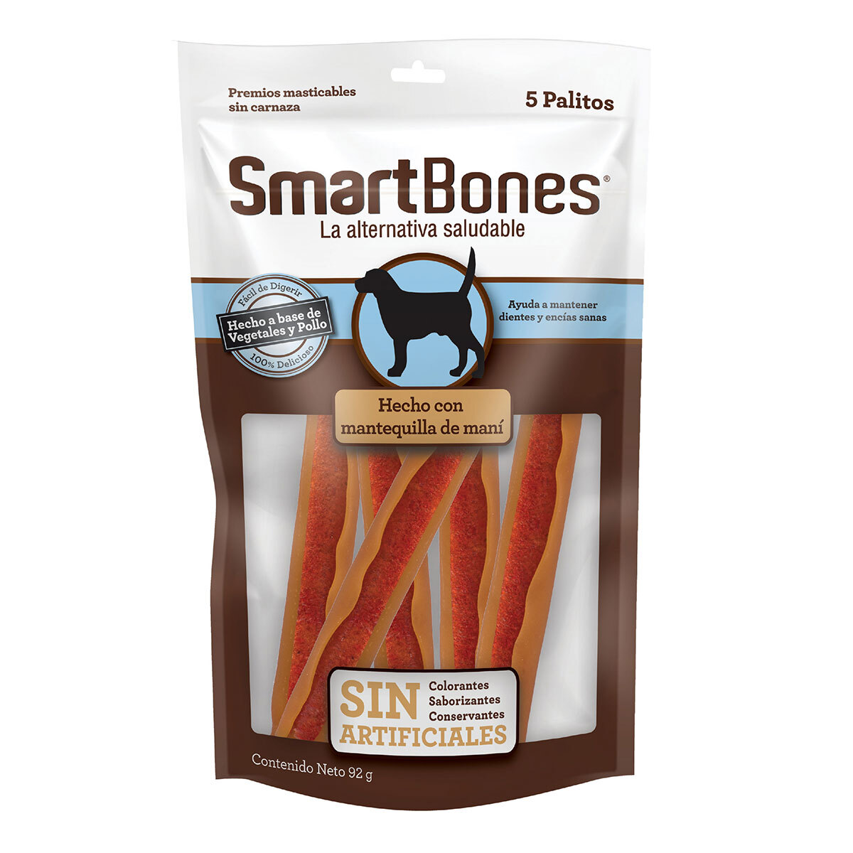 SmartBones Premios Masticables Naturales con Forma de Sticks Receta Mantequilla de Maní para Perro, 5 Piezas
