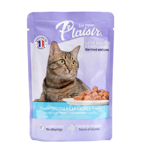 Les Repas Plaisir Alimento Natural Húmedo Receta Trucha y Camarón en Salsa para Gato Adulto, 85 g Les Repas Plaisir Alimento Natural Húmedo Receta Trucha y Camarón en Salsa para Gato Adulto, 85 g