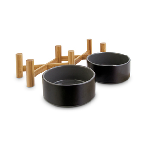 Reddy Comedero Elevado Doble de Cerámica Negro con Base de Bambú para Perro, 3.5 Tazas