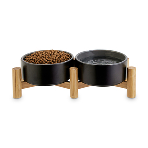 Reddy Comedero Elevado Doble de Cerámica Negro con Base de Bambú para Perro, 3.5 Tazas