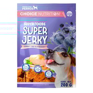 Choice Nutrition Super Jerky Premios de Carne Seca para Perro Adulto Receta Pavo y Moras Azules, 200 g Choice Nutrition Super Jerky Premios de Carne Seca para Perro Adulto Receta Pavo y Moras Azules, 200 g