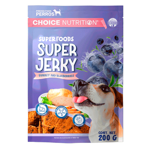 Choice Nutrition Super Jerky Premios de Carne Seca para Perro Adulto Receta Pavo y Moras Azules, 200 g