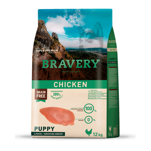 Bravery Alimento Seco Natural Libre de Granos para Cachorro Raza Mediana/ Grande Receta Pollo, 12 kg
