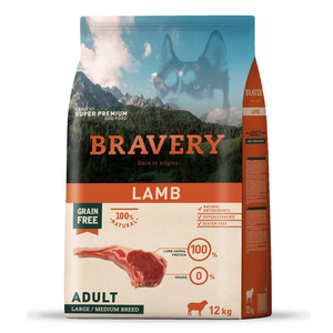 Bravery Alimento Seco Natural Libre de Granos para Perro Adulto Raza Mediana/ Grande Receta Cordero, 12kg