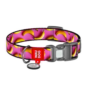 Waudog Nylon Collar Diseño Bananas con Broche y Placa Tipo QR para Perro, Mediano Waudog Nylon Collar Diseño Bananas con Broche y Placa Tipo QR para Perro, Mediano