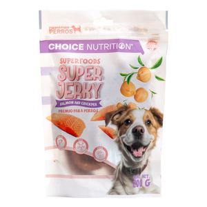 Choice Nutrition Super Jerky Premios de Carne Seca para Perro Receta Salmón y Garbanzos, 200 g Choice Nutrition Super Jerky Premios de Carne Seca para Perro Receta Salmón y Garbanzos, 200 g
